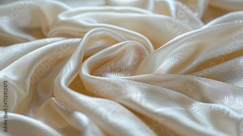 Satin fabric background with white silk and golden wave pattern