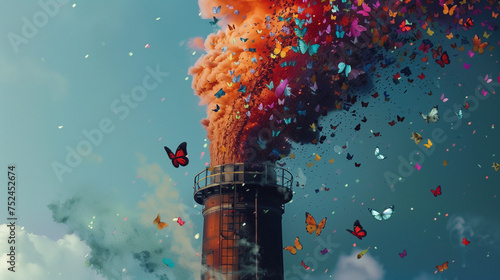 chimney with red smoke and butteflies photo