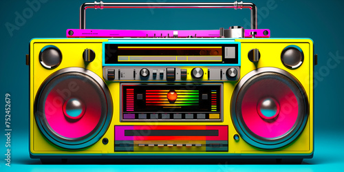 Multi-colored music center for dance disco. Music equipment for organizing parties. Retro style tape recorder