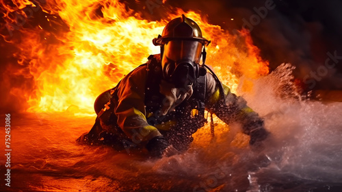 Man firefighter walks waist-deep in water. Fireman extinguishes fire on river. Portrait of brave fireman in dark