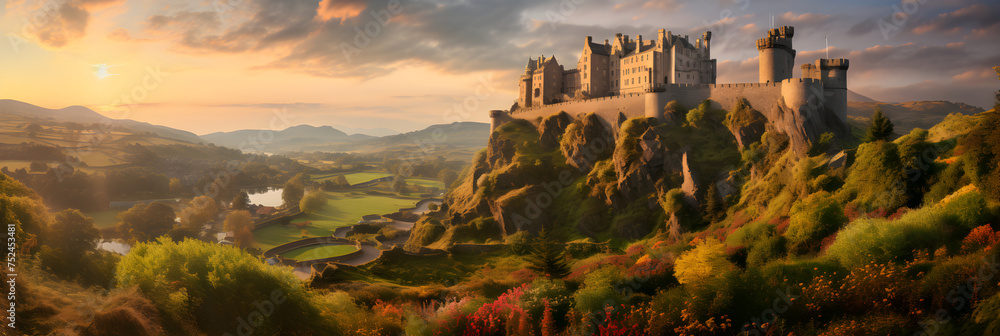 Magnificent Sunset View of a Grand Medieval Castle Surrounded by Bountiful Nature - obrazy, fototapety, plakaty 
