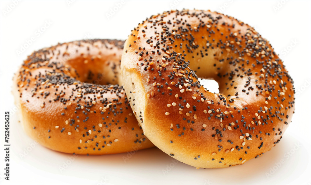 Delicious Sesame and Poppy Seed Bagel on White Background Delicious Sesame and Poppy Seed Bagel on White Background