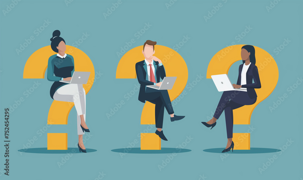 Hierarchical Problem-Solving: Confident Businesspeople on Giant Question Marks Hierarchical Problem-Solving: Confident Businesspeople on Giant Question Marks