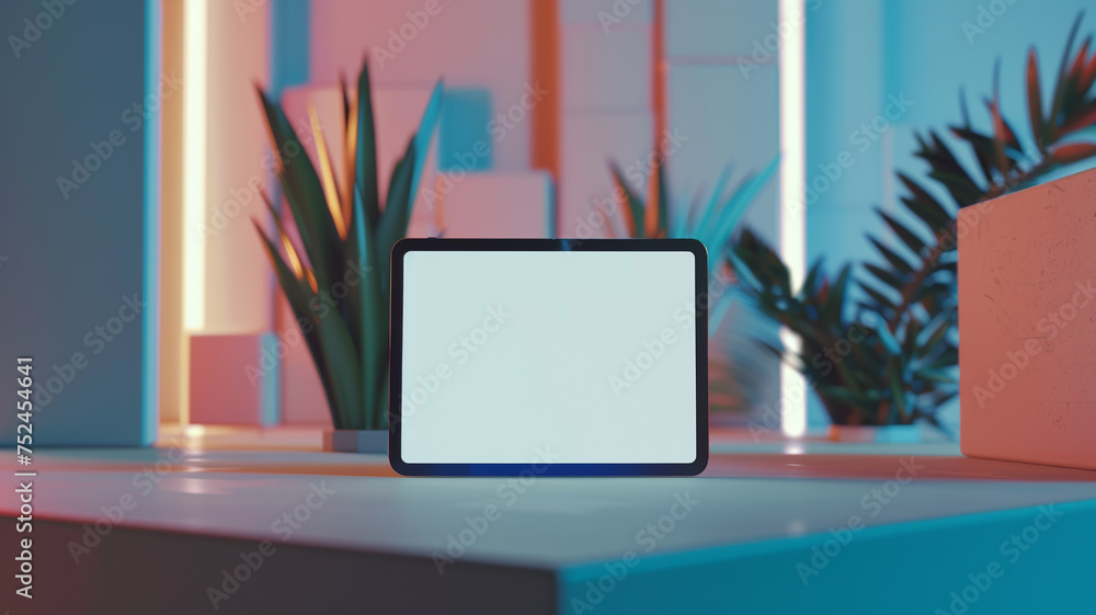 A modern 3D mockup of a tablet on a digital workspace background, featuring an empty space on the screen for displaying customizable interface or branding. A modern 3D mockup of a tablet on a digital workspace background, featuring an empty space on the screen for displaying customizable interface or branding.