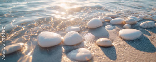White pebbles lie scattered on the sandy shore, gently washed by the incoming waves.