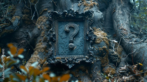 A question mark in an antique frame on the roots of a mossy tree © Nataliia