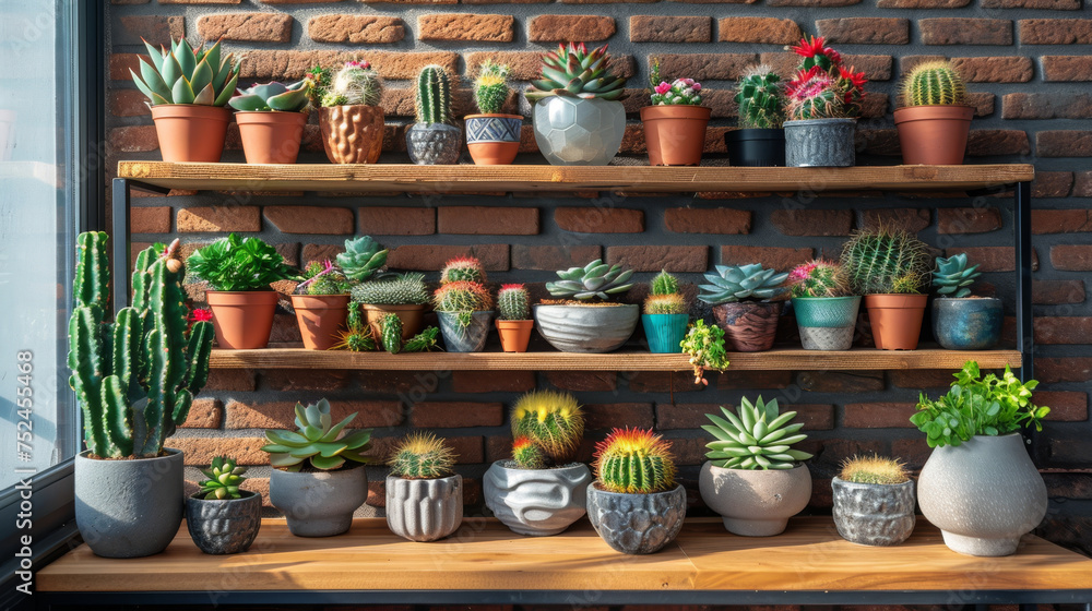 Various cacti, individually potted, embellish a wooden shelf set against a rustic brick wall.