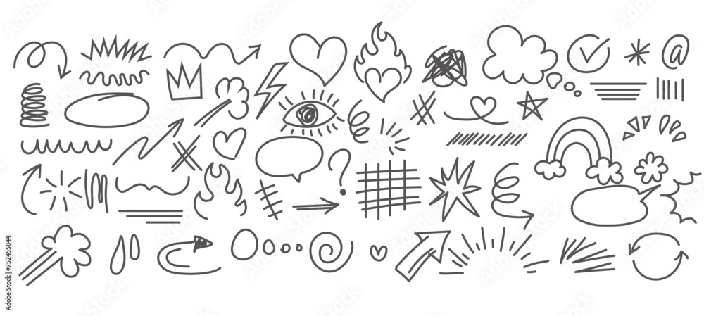 Charcoal pen liner doodle texture elements, crown, emphasis arrow, speech bubble, scribble. Handdrawn cute cartoon pencil sketches of decorative icons