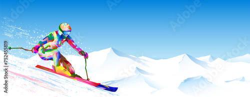 Alpine skier athlete. A quick descent against the backdrop of the sky and snow-capped peaks. The athlete is actively involved in skiing. Downhill and slalom. Bright-colored figure of a skier skiing
