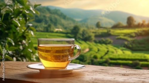 A glass of tea on the wooden table and the tea plantation background. Generative AI