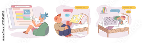 Children with smartphone. Vector illustration. Mobile phones offer access to internet, enabling children to explore and learn online Elementary school children are mastering use smartphones