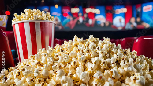 Close up image of a red and white striped popcorn cup with lots of popcorn in a movie theater photo