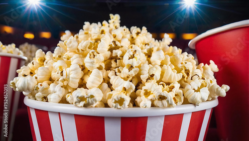 Close up image of a red and white striped popcorn cup with lots of popcorn in a movie theater photo