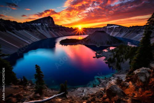 The Awe-Inspiring Beauty of a Crater Lake at Sunset Surrounded by Majestic Peaks and Forest
