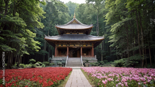 A Buddhist temple in a forest with a stone path surrounded by flowers. Soft afternoon light.