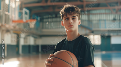 Beautiful Basketball Teen Male Player Holding a Basket Ball Posing in Basket Sports Hall,young Man Standing on a Basketball Court. With Hard Training to Success, Ai Generated Image