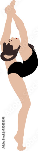 A vector illustration depicts a gymnast executing a standing split on a white background. The illustration captures the grace, flexibility, and elegance of the movement, showcasing precision and energ