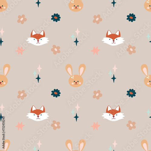 Cute bohemian baby seamless pattern with cute fox, rabbit in boho style in warm pastel colors. © Vasia_illi