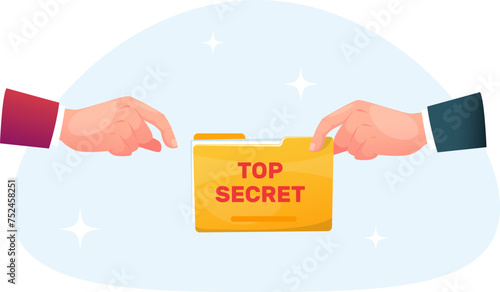 concept of giving or selling secrets, a hand holds out a folder of classified information