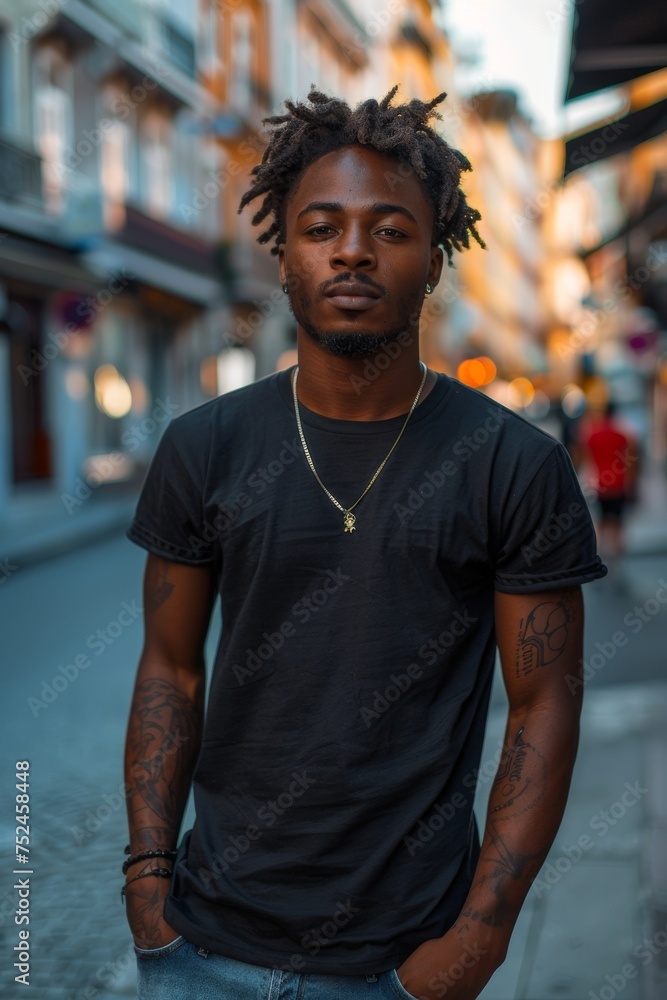 Self-assured young African American male standing on city street Self-assured young African American male standing on city street