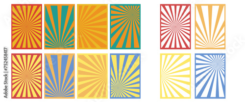 Set of 12 abstract posters. colored stripes, rays
