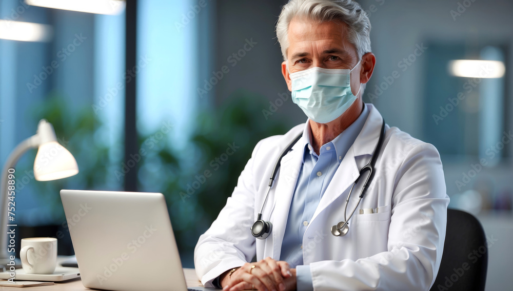 A doctor with a mask in front of his laptop A doctor with a mask in front of his laptop