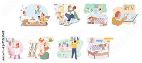 Children with smartphone. Vector illustration. Schoolers and schoolboys are becoming increasingly reliant on their phones for various purposes Smartphones have become essential tool in educational
