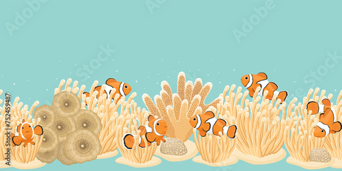 Fotografie Sea anemones, clownfish and corals. Vector illustration.
