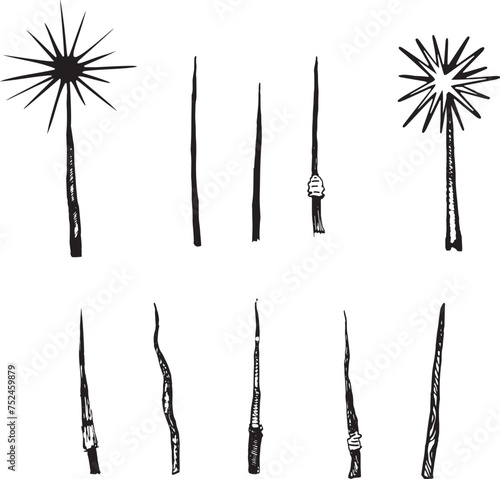 Magic wand line drawing witch theme halloween clipart party invitation flyer gothic style illustration packaging design idea print. Wooden wand accessory sorcerers. Bengal fire new year ink graphic