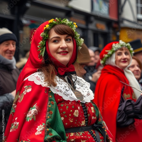 St. David's Day parade with people dressed in traditional Welsh costumes, Cultural celebration, Festive atmosphere, Welsh pride, Vibrant and festive, Women in traditional costume