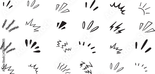 Doodle line sparkles and rays. Hand drawn explosion lines confetti, sun burst, decorative effect surprise elements. Sketch comic celebrating splash and sign. Vector