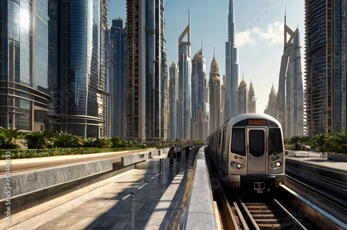 Subway of Dubai view among glass skyscrapers in business district, urban background. Wallpaper of metropolitan city metro in arabic desert country. Public transportation concept. Copy ad text space