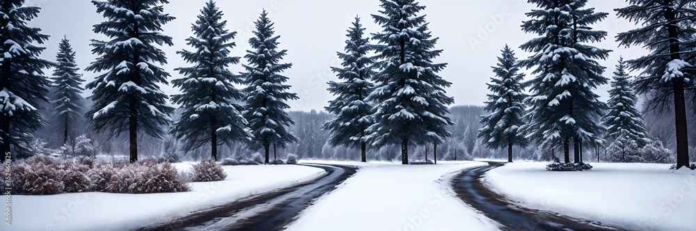 A serene winter landscape, picturesque panorama. Generative AI A serene winter landscape, picturesque panorama. Generative AI