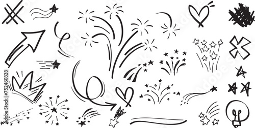 doodle line sparkles and rays. hand drawn explosion lines confetti, sun burst, decorative effect surprise elements. sketch comic celebrating splash and sign. vector
