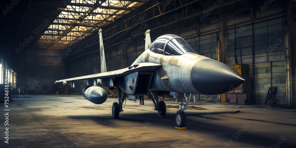 Bomber plane in old hangar. Air fighter with missiles under wings. High-speed aircraft bomber for warfare - obrazy, fototapety, plakaty 