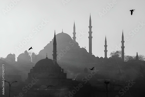 Monochrome shot of a mosque with minarets photo