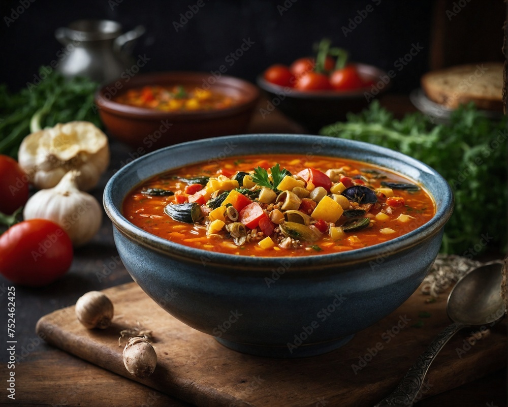 Soup, Vegetable Soup in Bowl. AI Generated. Soup, Vegetable Soup in Bowl. AI Generated.