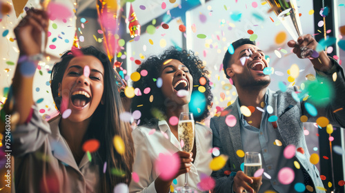 Joyful Friends Celebrating with Champagne and Confetti