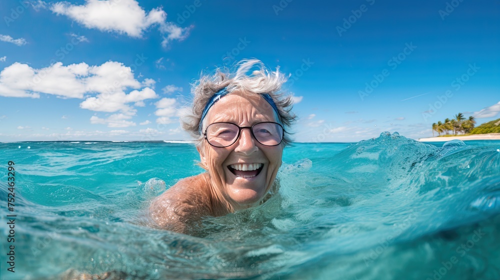 Fototapeta premium Joyful elderly woman is swimming in the sea. Every stroke, a testament to the joy of living fully.