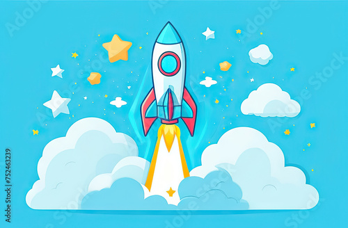 Cartoon space ship rocket taking off in space.brochures or promotional materials for companies in the technology or aerospace industry. © Julija AI