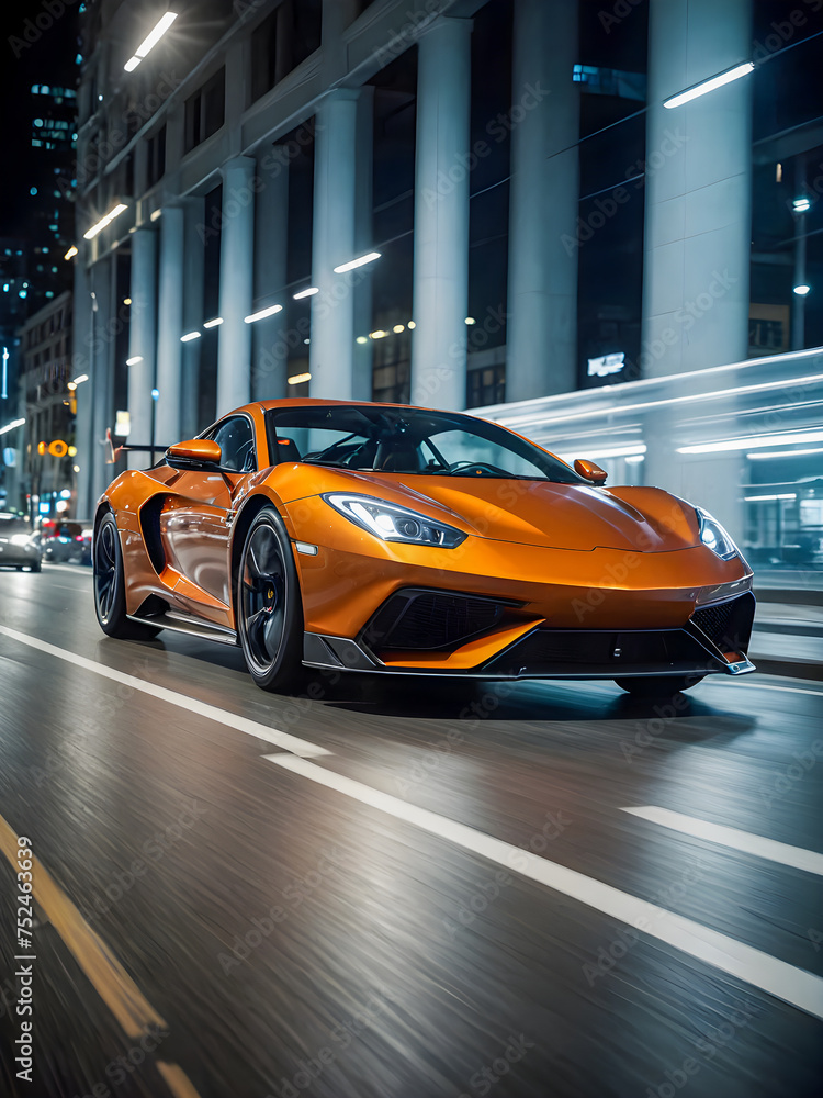 Luxury orange sport car in the city street at night.