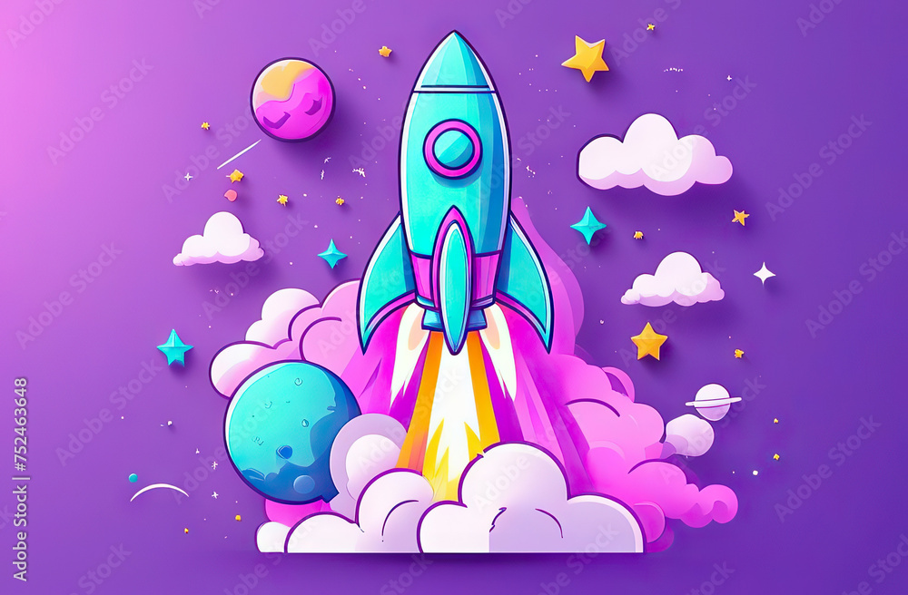Cartoon spaceship rocket takes off into space purple blue tones, children's book illustration concept. Cartoon spaceship rocket takes off into space purple blue tones, children's book illustration concept.