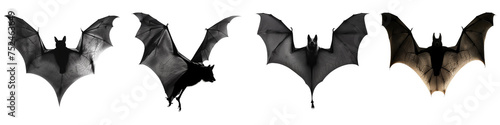 Silhouettes of Flying Bats Isolated on Transparent Background.