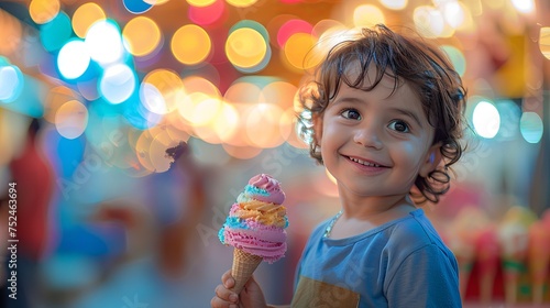 A happy young boy with curly hair enjoying a delicious strawberry ice cream cone, with a playful and messy charm.
