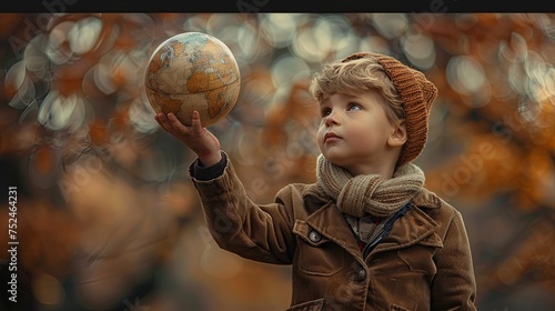 A young child dressed in autumn attire holds up a vintage globe, symbolizing curiosity and discovery against a backdrop of fall leaves.
