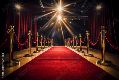 Red carpet rolling out in front of glamorous movie premiere background generative Ai