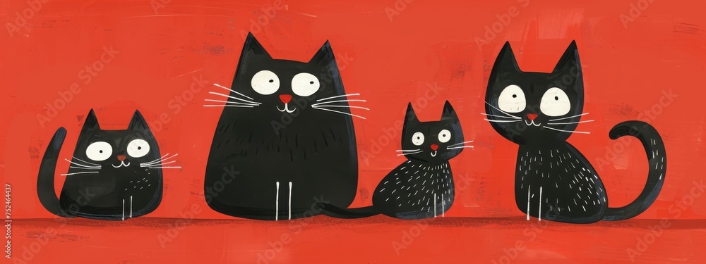 Artistic illustration of a family of black cats against a red background, ideal for quirky art lovers.
Artistic illustration of a family of black cats against a red background, ideal for quirky art lovers.