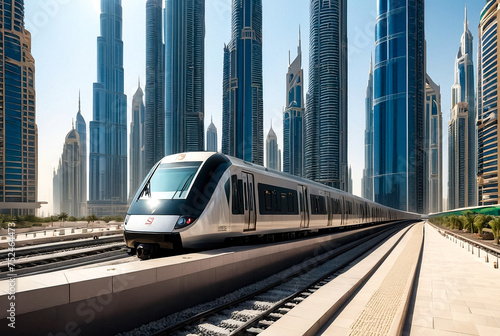 Train on railroad of Dubai subway in business district at urban skyscrapers background. Wallpaper of city metropolitan metro in desert arabic country. Public transportation concept. Copy ad text space © Alex Vog