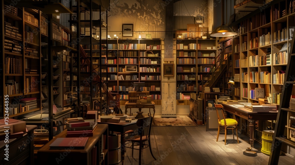 A large library with many books on shelves and tables A large library with many books on shelves and tables