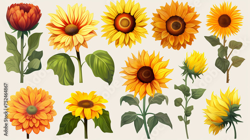 Watercolor sunflowers branch illustration set. Yellow summer flowers and green leaves branch, Floral elements © Pickoloh